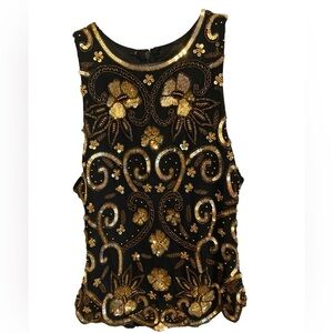 VTG 90s black Gold beaded sequin sleeveless blouse Formal Holiday Christmas NYE